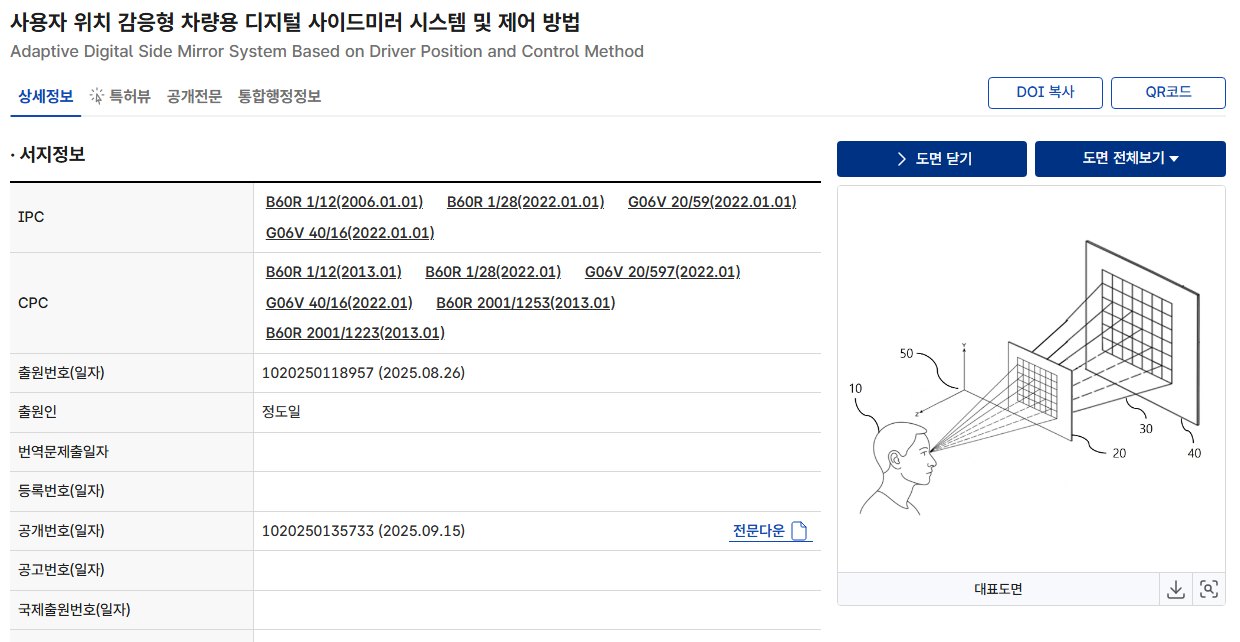 KIPRIS 특허 상세 화면: 사용자 위치 감응형 차량용 디지털 사이드미러 시스템 및 제어 방법, 대표도면
